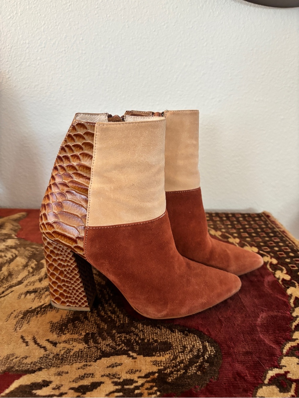 Chinese Laundry Two-Tone Suede & Snakeskin Block Heel Ankle Boots - Brown/Tan